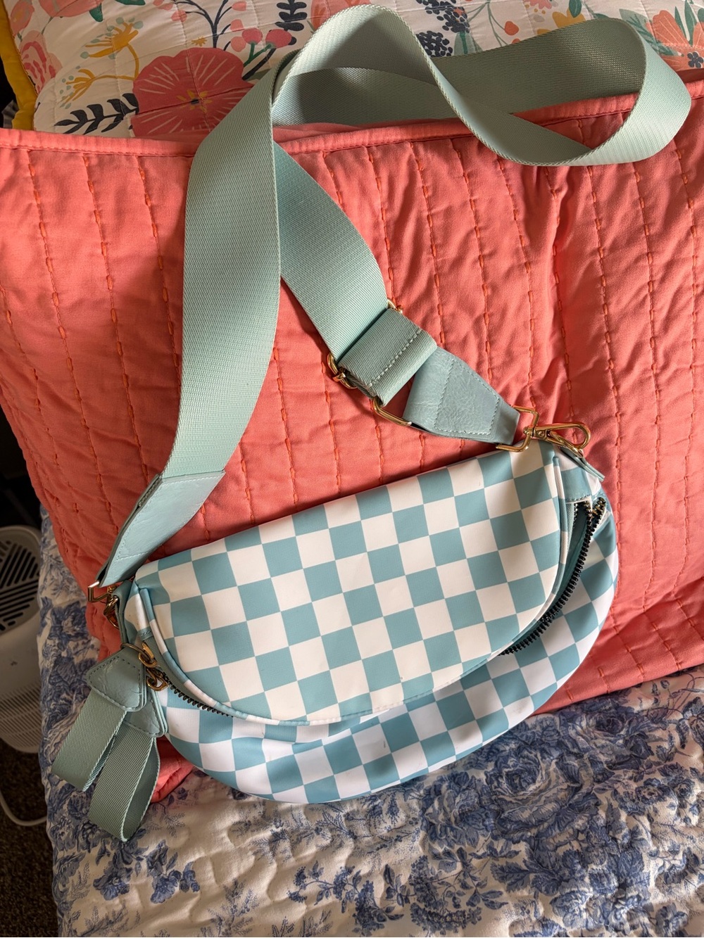 Checkerboard Crescent Crossbody Bag in Mint and White